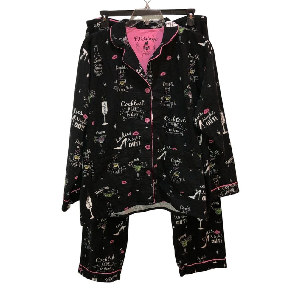 PJ Salvage Women Size XL Black Pink Cocktail Hour Drink Flannel Pajama Set Pants